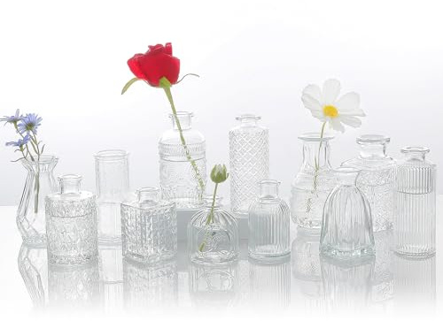 12 Stück Kleine Klarglas-Budenvasen, Vintage Mini Blumenvasen für Hochzeit, Tischdekoration, Mittelstücke für Zuhause & Feste