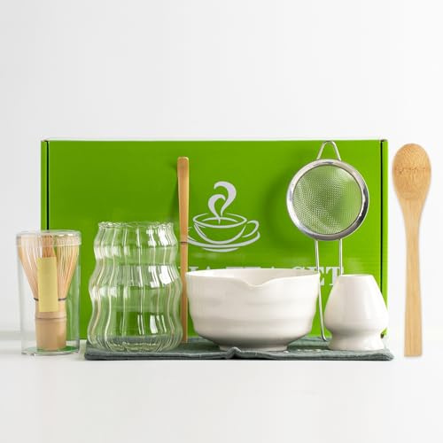 Juego de 8 batidores y tazones de matcha, juego de batidor de matcha con taza de matcha, cuchara, tamiz y paño, kit de matcha blanco para ceremonia de té japonesa