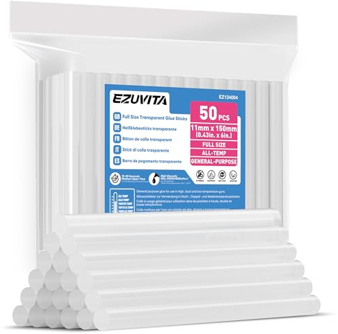 EZUVITA Lot de 50 Bâtons de Colle Chaude Pleine Taille, 11 x 150mm, Bâtonnets de Colle Transparents Universels pour Pistolet à Colle Chaude, Idéal pour Bricolage, Artisanat, Loisir