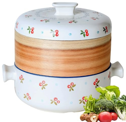Cacerola japonesa con asas for cocinar, olla con vaporera, olla de barro antiadherente, vaporera de bambú natural for cocina doméstica.(2.5L)