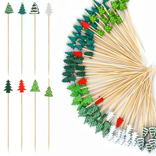 Yuaerbuo 100 Pics Cure Dent Noel 12cm, Noel Pique Aperitif Bambou avec Décoration 8 Modèles de Sapin Noëls Aperitif Pic Brochette Bois Apero pour Apéritifs, Déco Cocktail, Décoration de Fête de Noëls