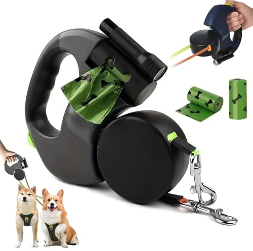 Doppelte einziehbare Hundeleine, 360° verhedderungsfreie reflektierende Haustierleine für 2 Hunde mit LED-Licht und Kotbeutelhalter, Einhandbremse (Schwarz)