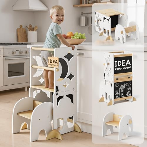 COSYLAND Torre de Aprendizaje Infantil 4 en 1 para Cocina con Barandilla de Seguridad, Diseño Plegable con Doble Pizarra, Convertible en Conjunto de Escritorio y Silla Infantil, Blanco y Natural