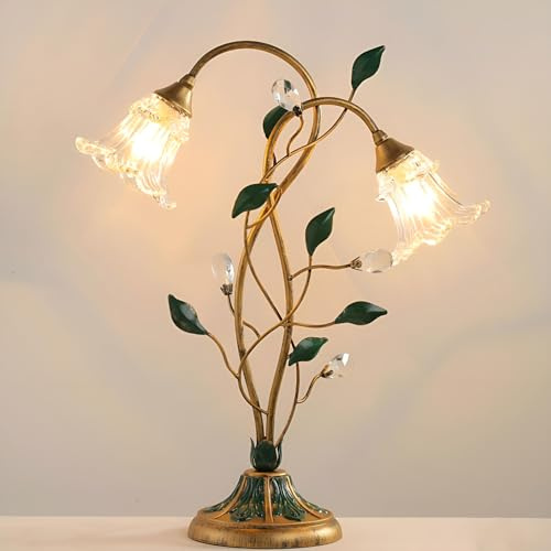 Jatwefiv Vintage Tischlampe Bronze Glas Blumenstrauß Lampenschirm, Leselampe Reading Lamp, Nachttischlampe Schreibtischlampe für Wohnzimmer, Schlafzimmer, Kinderzimmer, Balkon Büro,A