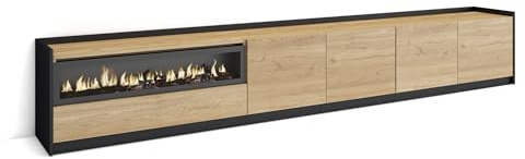 Skraut Home | Meuble TV | Banc Télé | Grand Espace de Rangement | 310x50x37 cm | pour Les TV jusqu'à 80 | Cheminée électrique | Style Moderne | Chêne et Noir