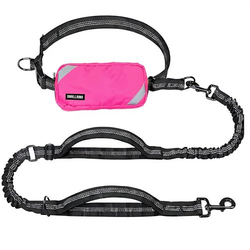 DNALLRINO Hands Free Dog Leash with Waterproof Pouch, Adjustment Bungee Leash with Dual Soft Padded Handles for Hiking, Walking, Jogging and Running Your Dogs(Pink)