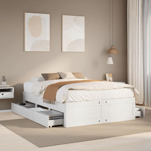Ziaphsol Massivholzbett Kiefernholz Weiß 140x200 cm, Bettgestell mit Lattenrost, 2 Schubladen, Stabiler Bettrahmen für Schlafzimmer, Erwachsene