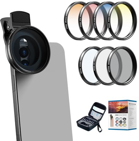 APEXEL 52mm Handy-Objektiv, Kamerafilter-Set 7-in-1, 4 Verlaufsfilter (blau, gelb, orange, rot), CPL, ND32, Sternfilter, geeignet für alle Arten von Kameras und Handys,Glänzend Schwarz