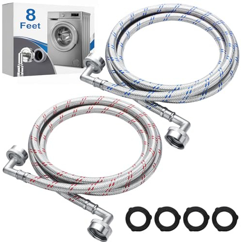 Otoolling 2 Pack 8ft Stainless Steel Washing Machine Hose with Double 90 Degree Elbow for Tight Spaces Proof Hot and Cold Water Supply Hoses 3/4 FHT Connectors for Wash Machines