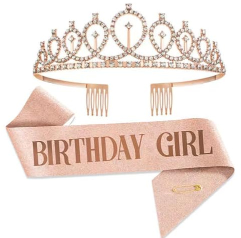 teokyat Birthday Girl Crown and Sash Set - Rose Gold Crystal Tiara with Combs and Glitter Sash for Women and Girls, Birthday Party Decorations, Birthday Gifts, Party Supplies Accessories