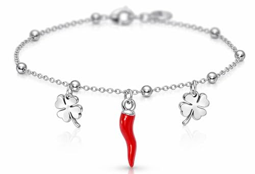 DEIMODRA Bracciale Donna Portafortuna con Cornetto Rosso e Quadrifoglio