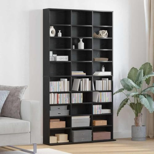 Ordellia CD-hylla, svart, ekutseende av trämaterial, 101 x 23 x 177,5 cm, 30 skivor, mediaförvaring för CD-skivor DVD-skiva, vardagsrumsskåp med förvaringsutrymme