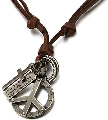 COOLSTEELANDBEYOND Unisex Vintage Anti-Kriegs-Zeichen Kreuz Anhänger Herren Damen Halskette mit Verstellbaren Lederband
