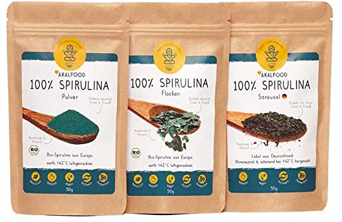 100% Algen Deutsche Spirulina I Ökologische Vitalstoffe Rohkost, glutenfrei, vegan, voller Nährstoffe, Reines Naturprodukt aus deutschem Anbau, ohne Zusätze (3x50g, streusel + Flocken + Pulver)