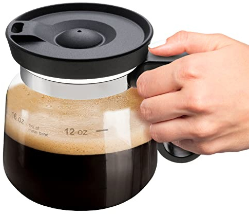 Coffee Mug in Coffee Pot Shape, 4 Tall, 16 Oz | 4 H x 3.75 W, Compact Glass Carafe Design, Sip Lid, Fun Gift for Java Lovers, Cute Novelty Joe Mug, Small Size