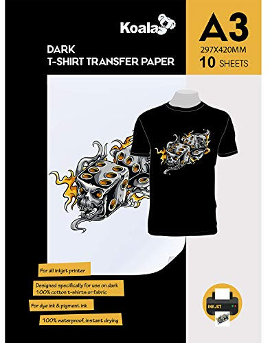 KOALA Inkjet Transferpapier zum Aufbügeln für Dunkle T-Shirt/Textilien, DIN A3, 10 Blatt. Für Tintenstrahldrucker