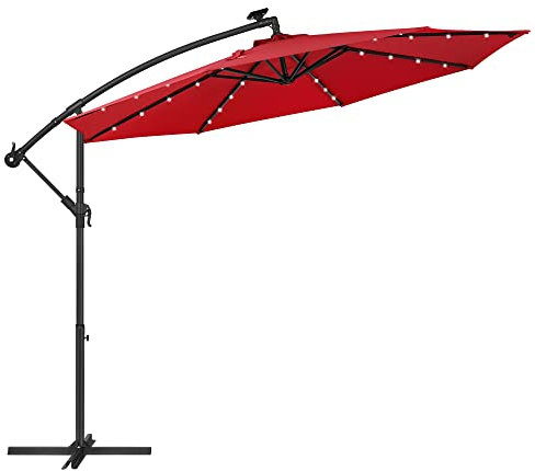 Songmics Sonnenschirm Mit Led-Solar-Beleuchtung, Ampelschirm 300 Cm, 32 Led-Lämpchen, Mit Ständer, Sonnenschutz Balkon, Balkonschirm, Upf 50 und mehr, Mit Kurbel, Für Terrasse, Garten, Rot Gpu018R01