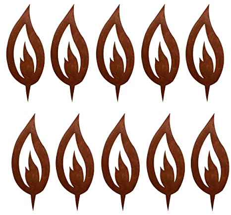 Rostikal 10 er Set Rost Deko Flamme Edelrost 5 cm groß Rostige Weihnachtsdeko Kerze Advent Kerzenflamme zum stecken Rostoptik