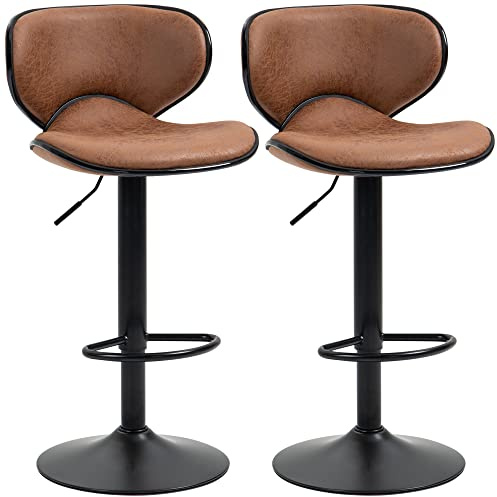HOMCOM Bar Stool Set of 2 Microfiber Cloth Adjustable Height Brown | Armless Chairs, Swivel Seat