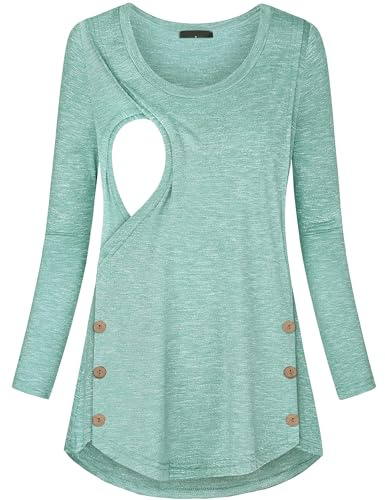 Quinee Tunic Blouse,Womens Nursing Tops Long Sleeve Shirts Breastfeeding Buttons Pregnant Maternity Clothes Mint Green M