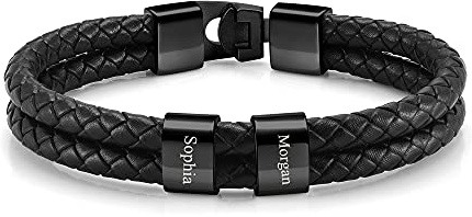 PiercingJak Herren Armband mit Gravur 2-4 Namen Männer Lederarmband geflochten Schwarz Echtleder Wickel Edelstahl Namensperlen ID Armreif Charm Schmuck Personalisierte Geschenke für Mann