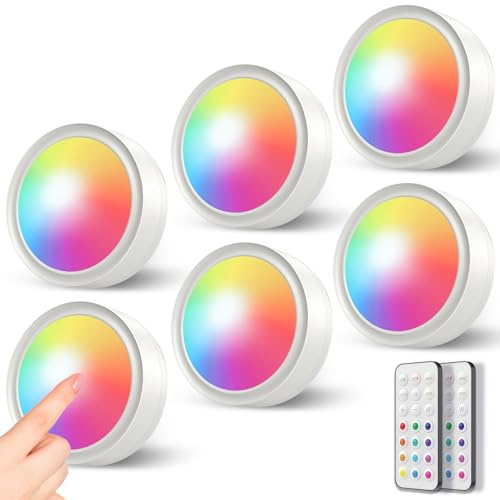 Luces Armario RGB Sin Cable - Luz Vitrina Pilas con Mando a Distancia Foco LED Colores Interior Inalambrico Luz Nocturna con Pulsador Luces LED Bajo Mueble Cocina Adhesivo Iluminacion Armario Bateria