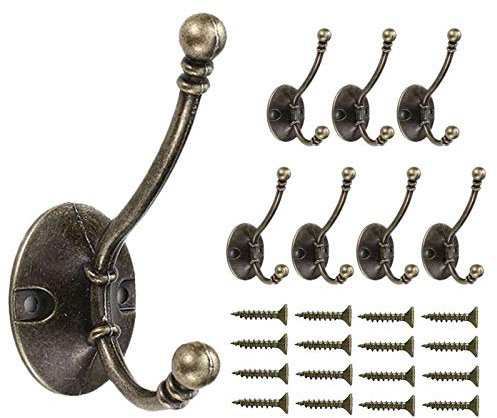 Mokife Gancho Perchero Antiguo, 8 Piezas Grandes Percheros Retro Ganchos Dobles de Metal para Colgar Abrigos Ropa Batas Toallas Bolsas Sombreros Gorras Llaves Bufandas Tazas, Bronce