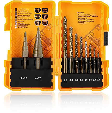 Hoteche HSS Bohrer Set 10 tlg. - Spiralbohrer und Stufenbohrer - Hochgeschwindigkeitsstahl - Präzisionsbohren - Aufbewahrungskoffer - Kostengünstig