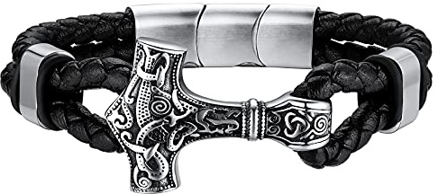 FaithHeart Viking Tor hammare armband för män, svart läderarmband norskt armband armband kan gravera, justerbara herrarmband 21-23 cm, 23 cm, Läder Rostfritt stål