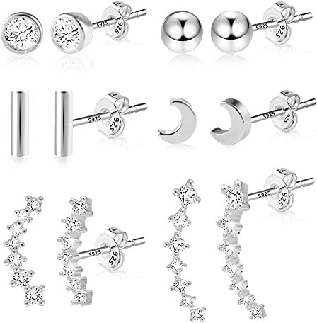ASH'S CHOICE Silber 925 Ohrstecker Set, 6 Paar Silber 925 Ohrringe Set Kleine für Damen, Glitz Ohrstecker mit AAA Zirkon Strass Kristall Blatt Ball Kugel Ohrringe Kleine Knorpel Piercing Ohrstecker