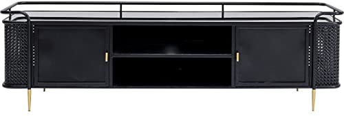 Kare Design Lowboard Fence, Schwarz, TV-Schrank mit 2 Türen, 2 offenen Fächern, Fernsehtisch, Kommode für Wohnzimmer, Schlafzimmer, Flur, Sicherheitsglas, Stahlgestell, 48x160x40 cm (H/B/T)
