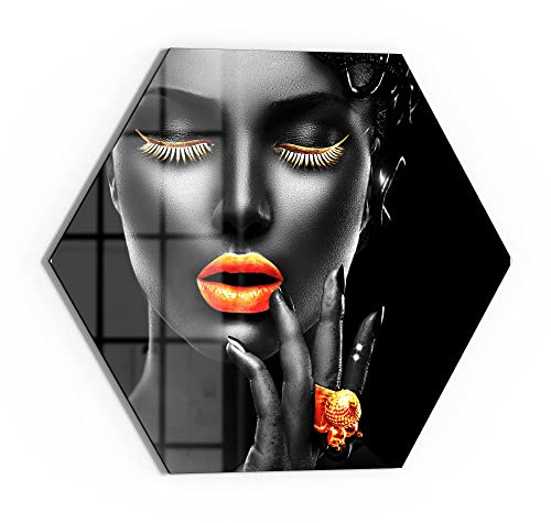 DEQORI Glasbild Echtglas | Motiv Frau mit Gold Make-Up | sechseckig einteilig 55x47,6 cm | schöne Dekoration | Wandbild für Wohnzimmer, Schlafzimmer, Flur & Küche | moderne Wanddeko