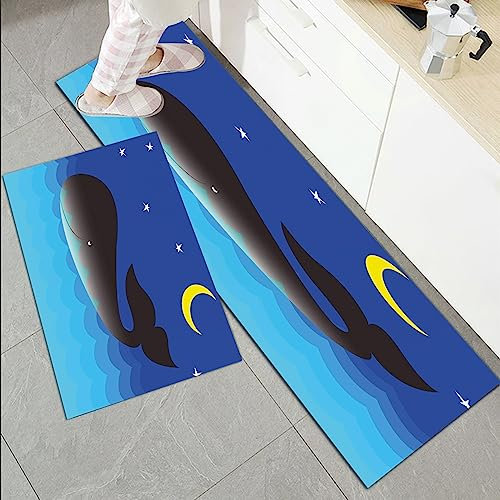 Küchenläufer Küchenmatte 2 Stück 45x70cm+45x120cm,Whale, Lovely Whale im Ozean mit Mond und Sternen Great Kid Friendly D,rutschfest Pflegeleicht, Anti-Müdigkeit Küchenteppich Teppich Läufer für Küche