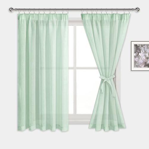 DWCN Cortinas de voile con cinta fruncidora y aspecto de lino, para habitación infantil, semitransparentes, para salón, color verde, 145 x 140 cm (alto x ancho), set de 2 unidades