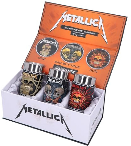 Nemesis Now Metallica Pushead Art Schnapsglas 3er Set, Harz, Offiziell lizenziertes Metallica Merch, herausnehmbare Edelstahleinsätze, Premium Geschenkbox, aus feinstem Harz gegossen, fachmännisch | Handbemalte Rockband-Merchandise, offiziell lizenziertes Metallica, Geschenk für Heavy Metal Fans
