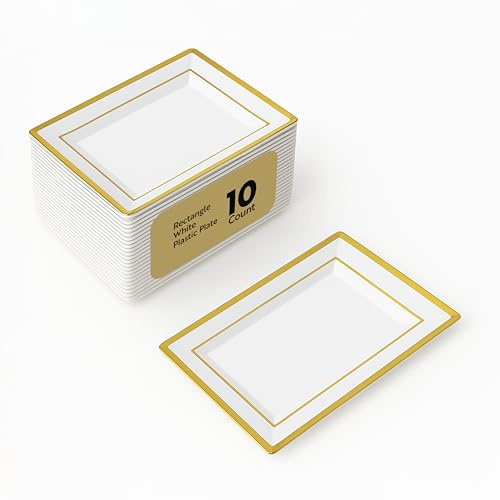 Restaurantware Moderna 11.5 x 7.3 Inch Premium Disposable Plates 10 Rectangular Plastic Plates For Parties - Gold-Rimmed Durable White Plastic Dinner Plates For Warm And Cold Foods