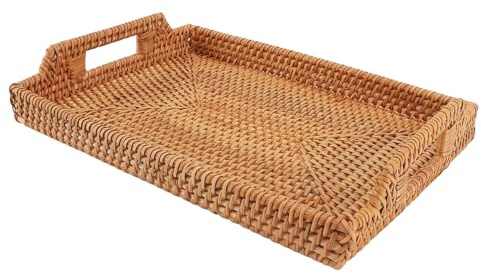 Bandeja De Mimbre para Servir, Cesta De Almacenamiento Decorativa Rectangular De Mimbre con Asas para Desayuno, Bebidas, Aperitivos, Mesa De Comedor, Organización
