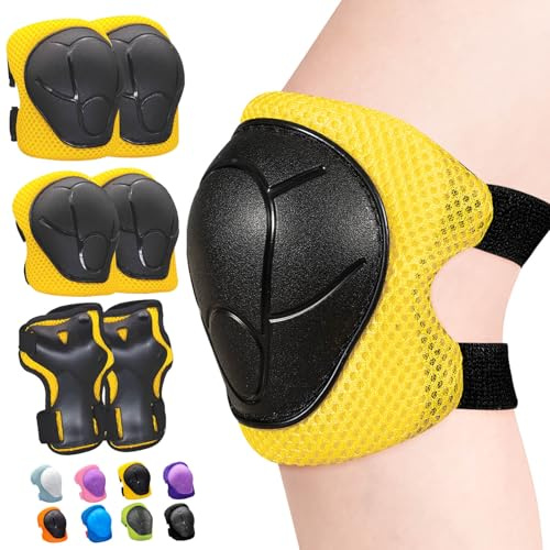 Inkidio Ginocchiere per bambini, set di protezioni per ginocchia e gomiti, con protezione per il polso, per ragazze e ragazzi, pattini a rotelle, scooter, ciclismo, skateboard (M Yellow)