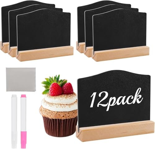 12Pcs Mini Chalkboard Signs, Double Sided Small Blackboard with Wooden Base, Pens, Cloth, Kitchen Notes Chalk Boards, Small Blackboard Wooden Signs, Message Tabletop Board for Place Cards, Party