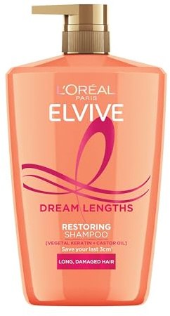 L'Oréal Paris Shampoo For Long Hair And Hair Growth, Elvive Dream Lengths Restoring With Vegetal Keratin And Castor Oil, Fortifies Lengths, Seals Split Ends And Prevents Breakage, XL Format 1000ml