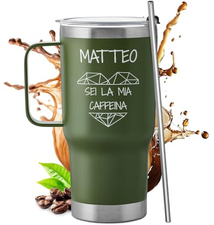 Maverton Bicchiere termico con manico 600ml, Borraccia termica con | Cannuccia, Tazza termica verde, Tazza personalizzata acciaio inox, Regalo fidanzato per viaggio accessori utili, Regalo uomo