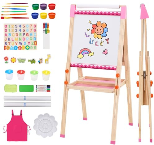 Kids Easel with Paper Roll Foldable,Double Sided Standing Art Easel Height Adjustable with Storage,White Board and Black Board,Toddler Painting Set,Painting Present for Girls and Boys,Pink