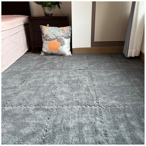 Schaumstoff-Bodenmatten, verdickt, ineinandergreifend, weich, 61 x 61 cm, flauschige Teppichfliesen für Kinderspielzimmer und Zuhause, grauer Rand, 10 Stück