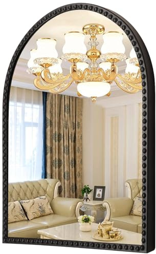 HLFMVWE Large Arch Wall Mirror, Black 90 x 60CM Arched Mirrors for Bathroom, Vintage Metal Beaded Frame Decor Mirrors for Bedroom Accent Living Room Vanity Entryway