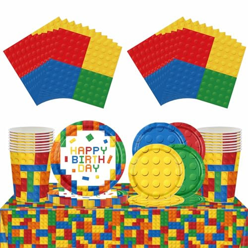 69Pcs Building Blocks Party Tableware for Boys Kids Birthday , 7inch 9inch Paper Plates and Napkins Cups Cartoon Table Cloth Sets for Colorful Blocks Bricks Theme Table Party Favors