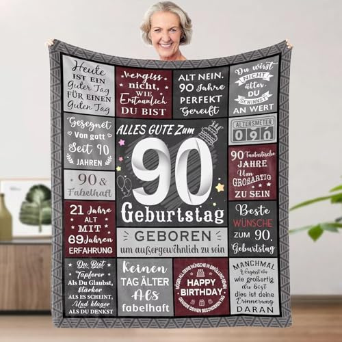 Aeoauter Geschenk zum 90 Geburtstag 150x200 cm - Personalisierte Decke Deko 90. Geburtstag Frauen Mann, 90 Jahre Männer Geschenk für Opa Oma Papa Mama, Geschenk 90. Geburtstag