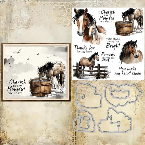Sredwtk Pferde Stempel und Stanzen Set,Silikonstempel und Stanzen Set,Stanzschablonen und Stempelset,Clear Stamp und Stanzschablone Für DIY Scrapbooking Fotoalbum Dekor Karten