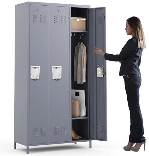 BIZOEIRON Metall Spind Schrank, Metallschrank Abschließbar, Mitarbeiter Schließfachschrank für Turnhalle, Schule, Büro, HxBxT 183 x 90 x 40 cm (3 Abteile, Grau)