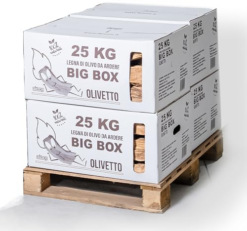 BIG BOX FEMIRO - Legna da ardere in SCATOLE da 25 Kg. Legna di olivo su bancale ideale per camini, stufe, forni, pizzerie e barbecue. Confezioni da 25 a 500 kg. (100 Kg)