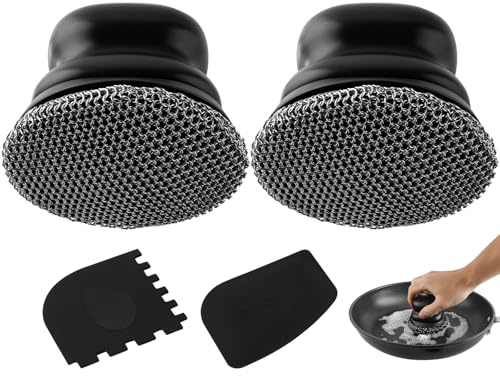 Rascador para sartenes de Hierro Fundido,Limpiador de ollas con 2 rascadores,Cepillo de Limpieza de Malla metálica para Platos,ollas,sartenes,planchas,Parrillas (Negro Brillante,Pequeño 2 Unidades)